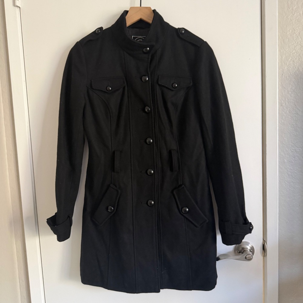 G by Guess Black Military Pea Coat Wool Blend Med Emo Grunge Punk Dark Academia